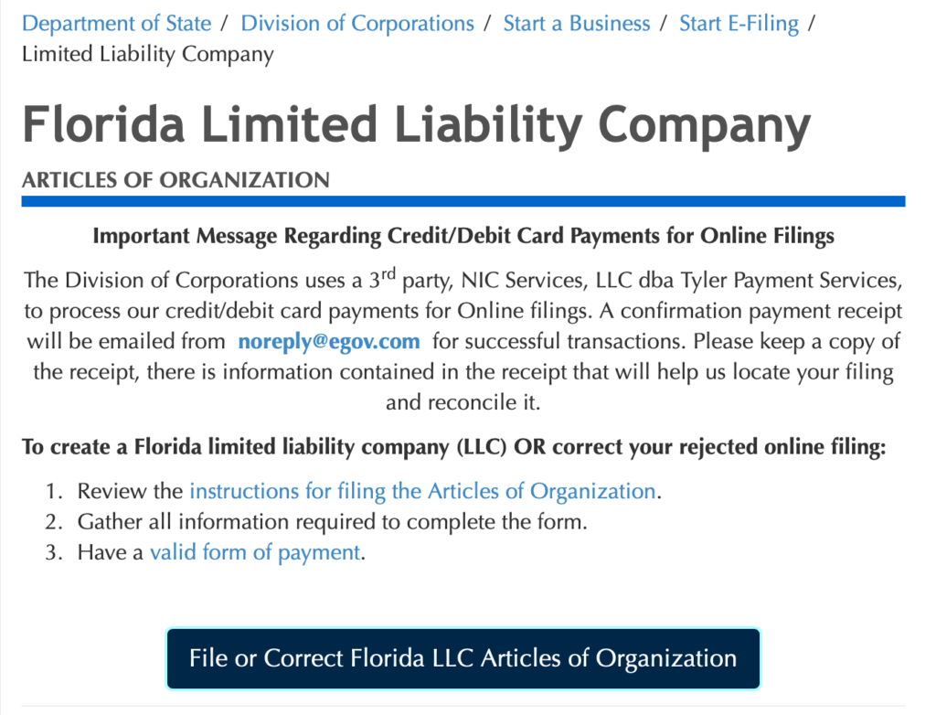 sunbiz.org where one can file LlC Articles of Organization 